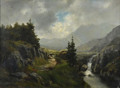 null Théodore LÉVIGNE (1848-1912) Berger avec ses chèvres devant un torrent de montagne,...