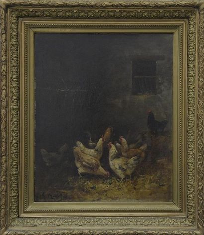null Charles MARECHAL (1865-c.1931) Poules dans le poulailler Huile sur toile signée...