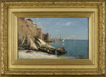 null Adolphe APPIAN (1818-1898) Le petit port de Collioure Huile sur toile signée...