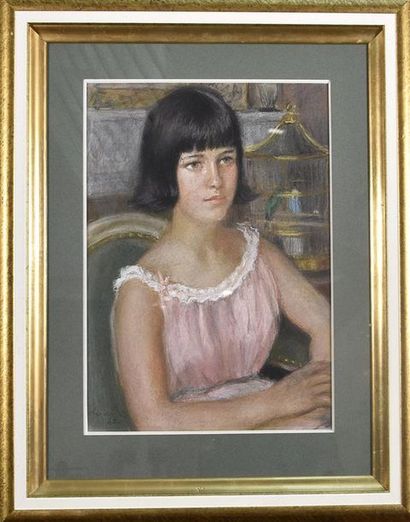 null Pierre DEVAL (1897-1993) Jeune fille à la robe rose Pastel signé et daté 63...