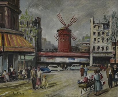null Emile HERPIN (XXe siècle) Le Moulin Rouge Huile sur toile signée en bas à gauche...