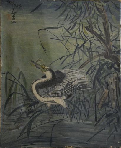 null MAO (XXe siècle) Héron pêchant Huile sur toile signée et datée 1937 en haut...