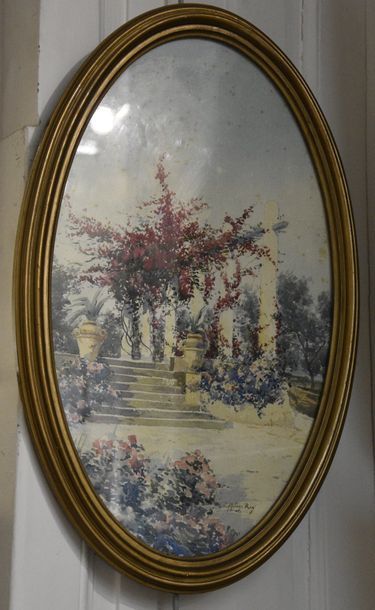 null Alphonse REY (1865-1938) Jardins fleuris Deux aquarelles signées formant pendant...