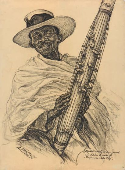 Aaron BILIS (1893-1971) Mpilalâo, Malgache jouant de la Valcha et chantant «Fony...