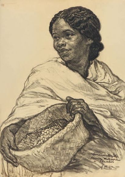 Aaron BILIS (1893-1971) Ramanandraibe, Femme malgache de Fenoarivo (Madagascar)
Fusain,...