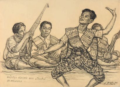 Aaron BILIS (1893-1971) Danseurs et musiciens laotiens
Fusain, signé et daté en bas...