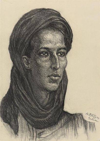 Aaron BILIS (1893-1971) Jeune fille de Goulimine, Maroc, 1943
Dessin au fusain, signé,...