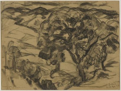 Pierre COMBET-DESCOMBES (1885-1966) Paysage aux grands arbres
Fusain, timbre signature...