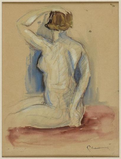 Pierre COMBET-DESCOMBES (1885-1966) Nu de dos au bras levé
Fusain et aquarelle, timbre...