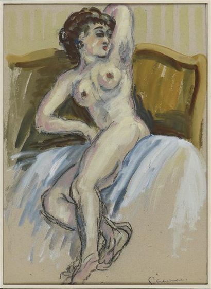 Pierre COMBET-DESCOMBES (1885-1966) Nu à la tête de lit
Fusain et rehauts d'aquarelle,...