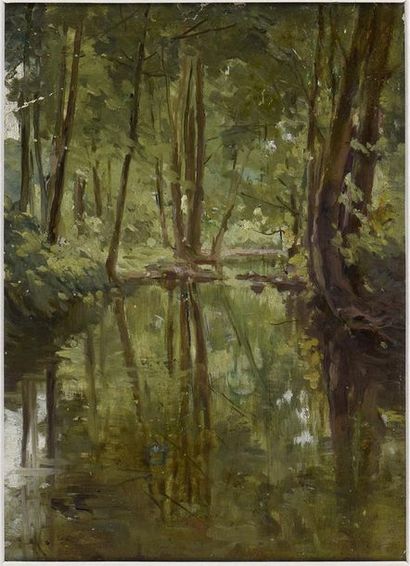 Pierre COMBET-DESCOMBES (1885-1966) Sous-bois en bord d'étang
Huile sur carton, trace...