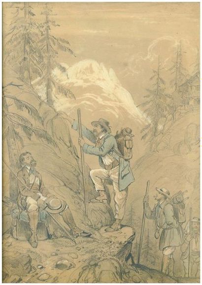Félix BENOIST (1818-1896) Les randonneurs en montagne
Mine graphite sur papier, rehaussé...