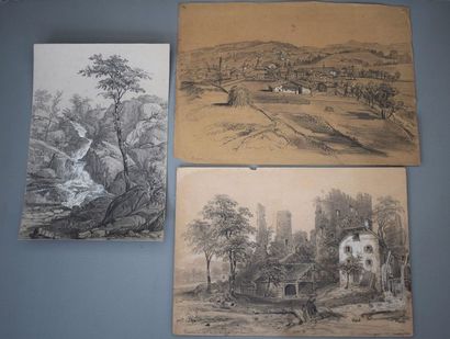 Félix BENOIST (1818-1896) Ensemble de dix feuilles: vue de Saint-Etienne-de-Corcoué;...