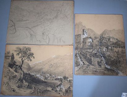 Félix BENOIST (1818-1896) Ensemble de onze feuilles: vue d'une ville; vue de Rochebrune;...