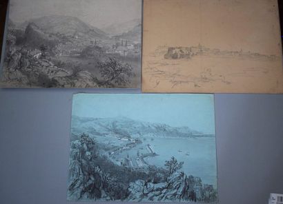 Félix BENOIST (1818-1896) Ensemble de sept feuilles: vue d'Avignon; vue de Villefranche...