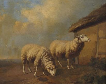 École HOLLANDAISE du XIXe siècle Deux moutons, bord de rivage
Huile sur panneau,...