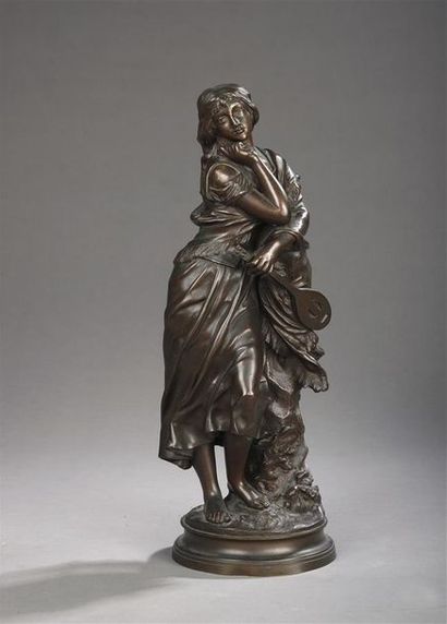 Adrien-Étienne GAUDEZ (1845-1902) Femme pensive à la mandoline
Épreuve en bronze...