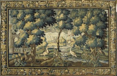 null Tapisserie verdure animée de gibier d'eau sur une rivière et fond de château,...