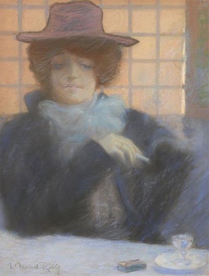 Manuel ROBBE (1872-1936) Femme attablée dans un bar, fumant une cigarette, vers 1899
Pastel,...