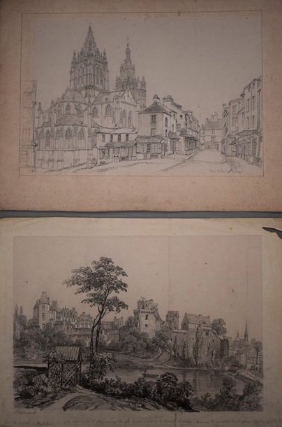 Félix BENOIST (1818-1896) Ensemble de six feuilles: vue générale de Caen; le côté...