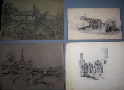 Félix BENOIST (1818-1896) Ensemble de sept feuilles: vue d'un monastère; vue d'une...
