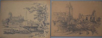 Félix BENOIST (1818-1896) Ensemble de six feuilles: vue d'une cahute; maisons à colombages;...
