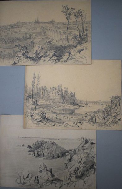 Félix BENOIST (1818-1896) Ensemble de six feuilles: vue de Dinan; abbaye Saint-Magloire...