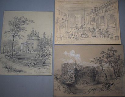 Félix BENOIST (1818-1896) Ensemble de sept feuilles: château près de Plouarel (?);...