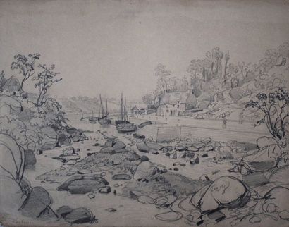 Félix BENOIST (1818-1896) Ensemble de neuf feuilles: Pont-Aven; le moulin à Pont-Aven;...