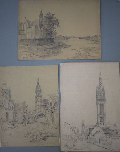 Félix BENOIST (1818-1896) Ensemble de dix feuilles: le port de Brest; Landerneau;...