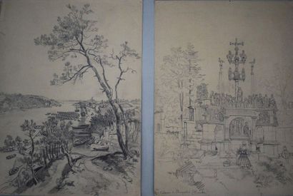 Félix BENOIST (1818-1896) Ensemble de douze feuilles: le calvaire et l'église de...