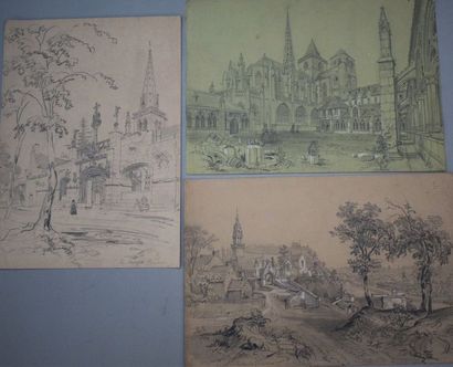 Félix BENOIST (1818-1896) Ensemble de dix feuilles: vue de Quimperlé; chapelle Saint-David...