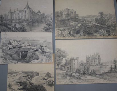 Félix BENOIST (1818-1896) Ensemble de treize feuilles:vue de Saint-Laurent-sur-Sèvre;...