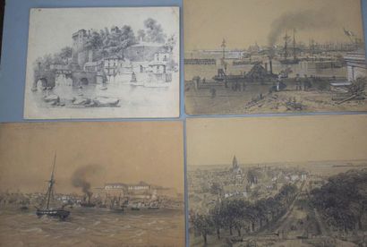 Félix BENOIST (1818-1896) Ensemble de neuf feuilles: vue d'une ville; vue de Clisson;...
