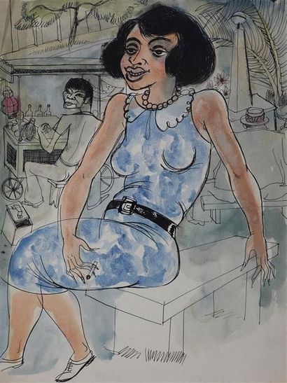 Roger Parry (1905-1977) Panama, Prostituée attendant le client, assise sur un banc,...
