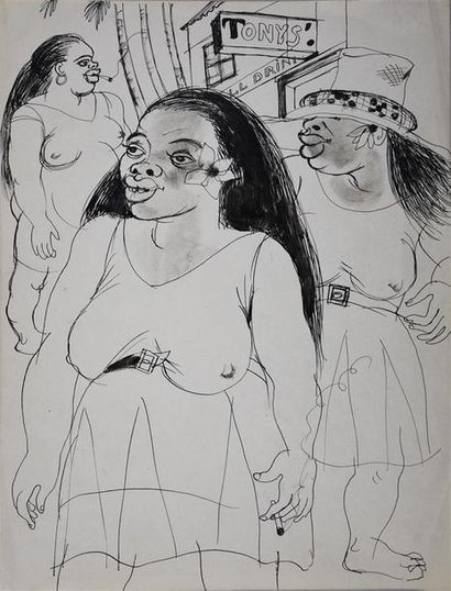 Roger Parry (1905-1977) Trois prostituées devant le Tonys bar, Panama, 1932
Dessin...