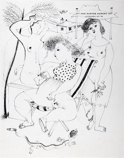 Roger Parry (1905-1977) Autoportrait en lézard rampant aux pieds de trois femmes,...