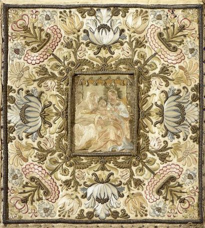  Tableau brodé en peinture à l'aiguille, Italie, Sicile (?), seconde moitié du XVIIe...