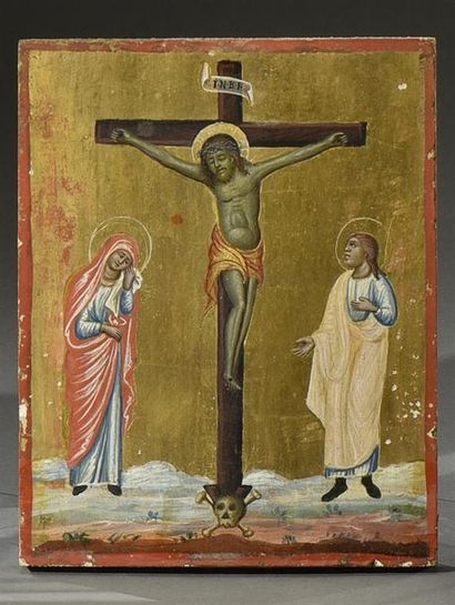 ROUMANIE ? Crucifixion Icône peinte sur bois,...