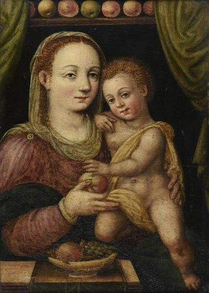 École ITALIENNE dans le goût de Luca LONGHI (1507-1580) La Vierge à l'Enfant Jésus...