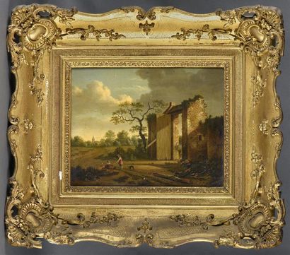 Cornelis VERMEULEN (1747-1813) Paysage, animé de personnages, avec une porte en ruine
Huile...