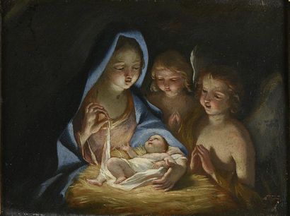 École FRANÇAISE du XVIIIe siècle Nativité aux deux anges
Huile sur cuivre
H. 15,5...