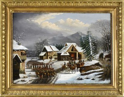 Philippe BUDELOT (act.1793-1841) Défilé militaire dans un paysage de neige
Huile...