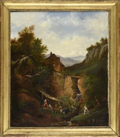 François DIDAY (1802-1877) Paysage de montagne avec cascade et couple de bergers
Huile...