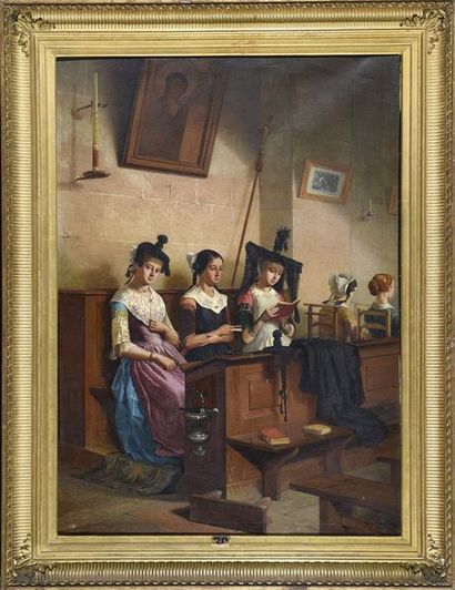 Jules CHEVRIER (1816-1883) Le banc des sacristaines en Bresse, 1862
Huile sur toile...