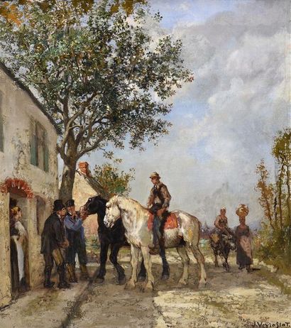 Jules Jacques VEYRASSAT (1828-1893) La halte
Huile sur toile, signée en bas à droite
H....