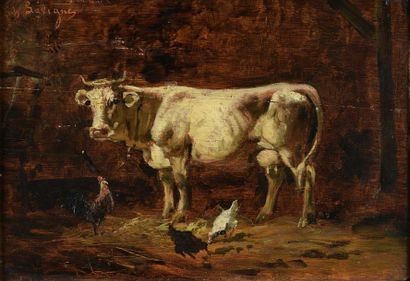 Théodore LEVIGNE (1848-1912) Vache et poules
Huile sur panneau signée en haut à gauche
H....