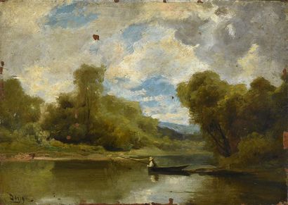 Théodore LEVIGNE (1848-1912) Pêcheur dans sa barque sur la rivière
Huile sur panneau,...