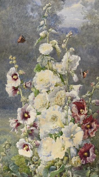 François RIVOIRE (1842-1919) Roses trémières et dahlias
Deux aquarelles sur papier,...