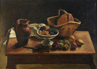 Etienne MORILLON (1884-1949) Table à la cruche, au panier et aux fruits d'automne
Huile...